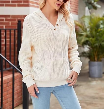 Fall Womens Oversized Hoodies Knit V Neck Sweaters Fashion Casual Pullover Tops