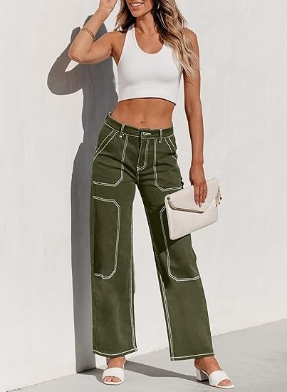 Women's Cargo Jeans Casual Loose Mid Rise Wide Leg Denim Pants