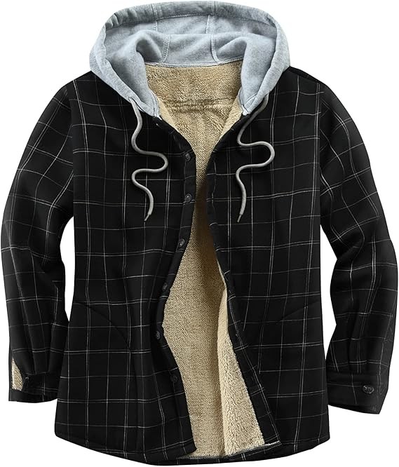 Men's Cotton Plaid Shirts Jacket Fleece Lined Flannel Shirts Sherpa Button Down Jackets with Hood for Men