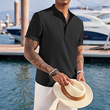 Men's Casual Henley Shirt Short Sleeve Band Collar Linen Shirt Summer Beach Hippie T-Shirts
