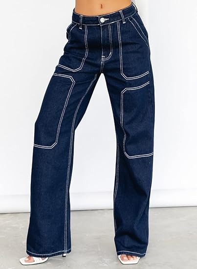 Women's Cargo Jeans Casual Loose Mid Rise Wide Leg Denim Pants