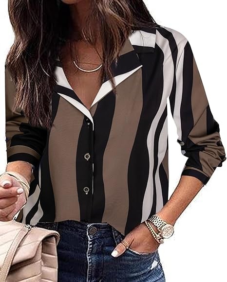 Women Pattern Print Button Down Blouse Top Long Sleeve Work Business Shirt
