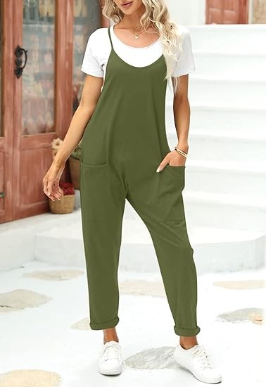 Womens Casual Sleeveless Jumpsuits Spaghetti Strap Loose Romper Long Pants with Pockets