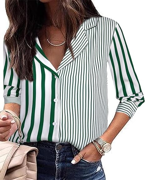 Women Pattern Print Button Down Blouse Top Long Sleeve Work Business Shirt
