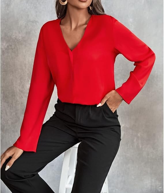 Women's Long Sleeve Shirts V Neck Business Casual Plain Work Blouses Tops