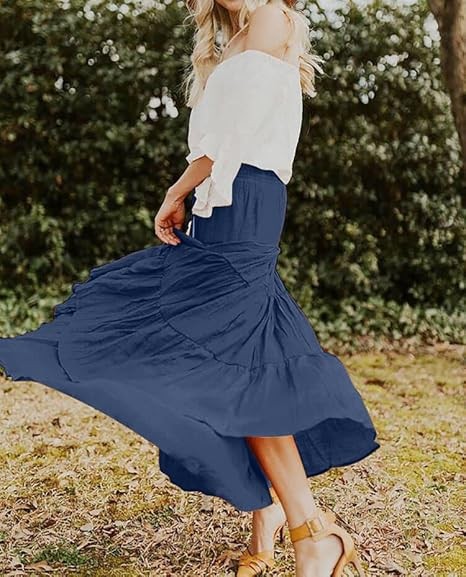 Women's Summer Flowy Boho Maxi Skirt Trendy Drawstring Elastic High Waist Pleated Tiered A Line Beach Long Skirts