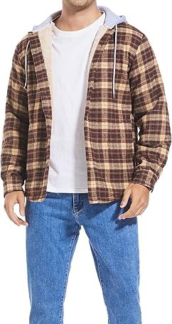 Men's Cotton Plaid Shirts Jacket Fleece Lined Flannel Shirts Sherpa Button Down Jackets with Hood for Men