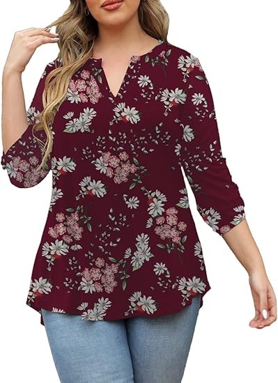 Womens Tops Dressy Casual 3/4 Sleeve Shirts Tunic Blouses Plus Size Tops for Women