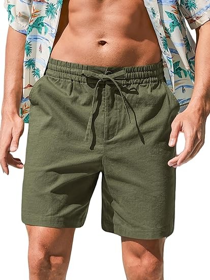 Mens Cotton Linen Shorts Casual Drawstring 7inch Inseam Shorts Stretch Summer Beach Wear