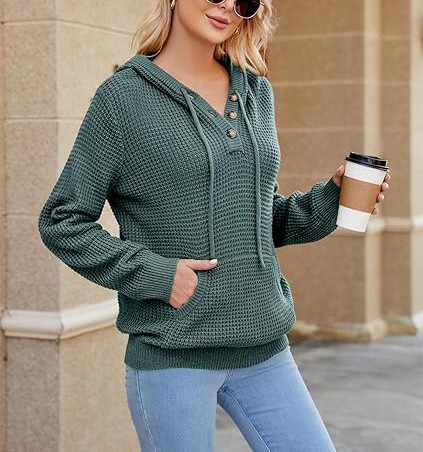 Fall Womens Oversized Hoodies Knit V Neck Sweaters Fashion Casual Pullover Tops