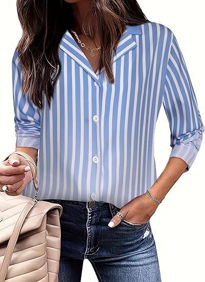 Women Pattern Print Button Down Blouse Top Long Sleeve Work Business Shirt