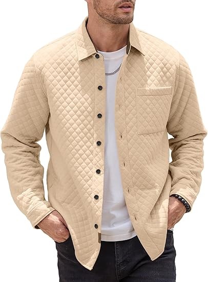 Mens Shacket Long Sleeve Shirt Jacket with Pockets Lightweight Quilted Overshirt