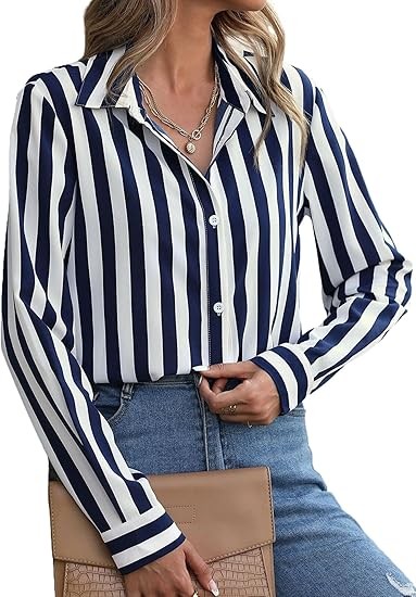 Women Pattern Print Button Down Blouse Top Long Sleeve Work Business Shirt