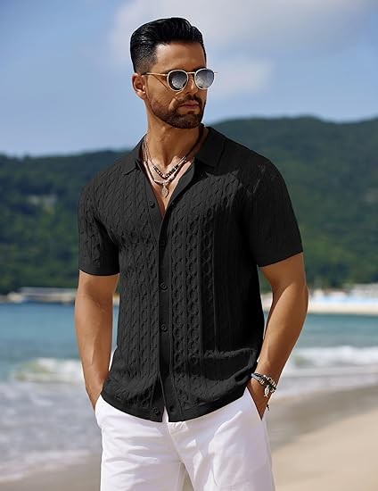 Men's Knit Short Sleeve Shirts Button Down Vintage Knitted Polo Shirt Casual Beach Crochet Cable Vacation Shirt