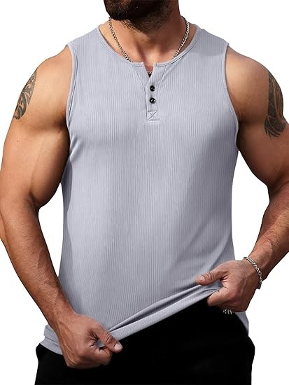 Mens Workout Tank Tops Summer Gym Muscle Ribbed Sleeveless Henley Shirt Casual Knitted Slim Fit Beach