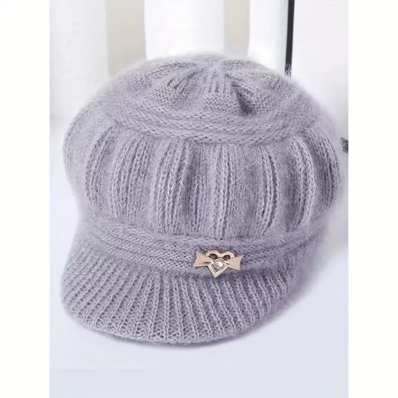 Women's Polyester Knitted Beret Cap with Brim - 100% Polyester, Hand-Washable Winter Beanie, Elastic & Packable Breton