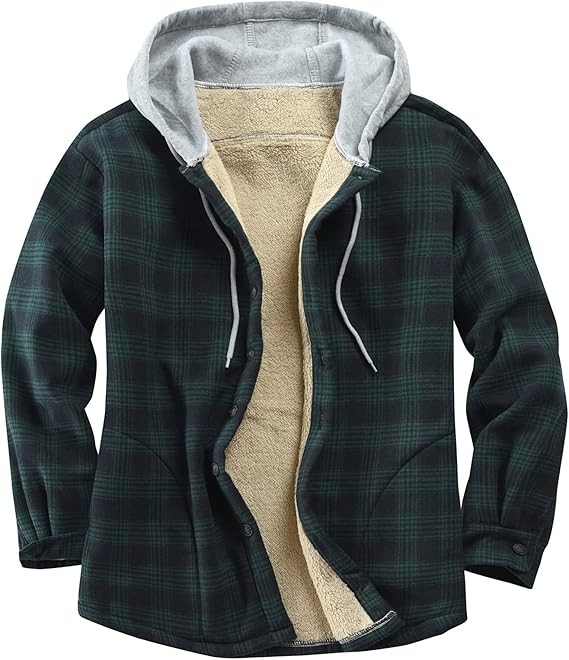 Men's Cotton Plaid Shirts Jacket Fleece Lined Flannel Shirts Sherpa Button Down Jackets with Hood for Men