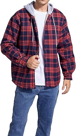 Men's Cotton Plaid Shirts Jacket Fleece Lined Flannel Shirts Sherpa Button Down Jackets with Hood for Men