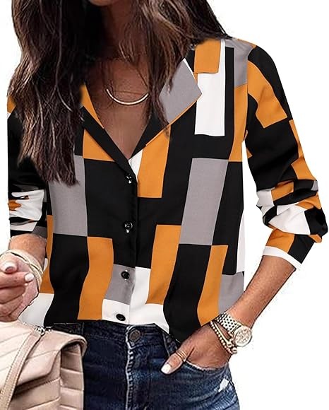 Women Pattern Print Button Down Blouse Top Long Sleeve Work Business Shirt