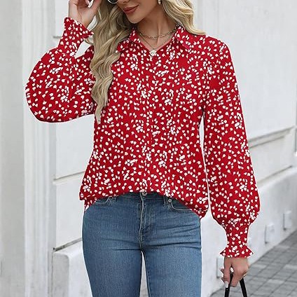 Womens Button Down Shirts Smocked Cuffed Blouse Printed Lantern Shirt Long Sleeve Top Collar Business Fashion