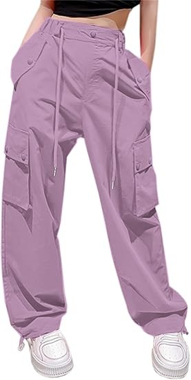 Girls&Womens High Waist Parachute Pants Y2K Cargo Trousers with Pockets 6 Years-Women 2XL