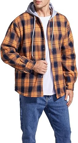 Men's Cotton Plaid Shirts Jacket Fleece Lined Flannel Shirts Sherpa Button Down Jackets with Hood for Men