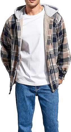Men's Cotton Plaid Shirts Jacket Fleece Lined Flannel Shirts Sherpa Button Down Jackets with Hood for Men