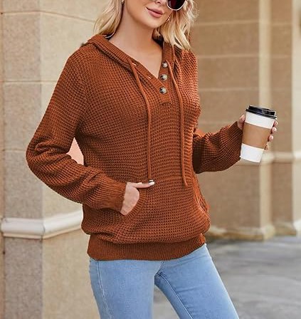 Fall Womens Oversized Hoodies Knit V Neck Sweaters Fashion Casual Pullover Tops