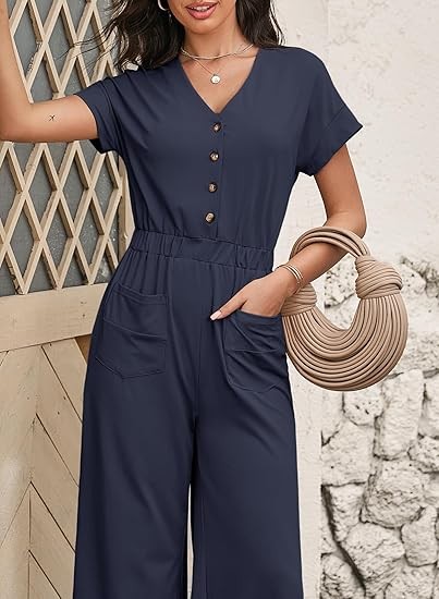 Womens Jumpsuits Dressy Summer Outfits 2025 Casual Short Sleeves Button Down Wide Leg Rompers with Pockets
