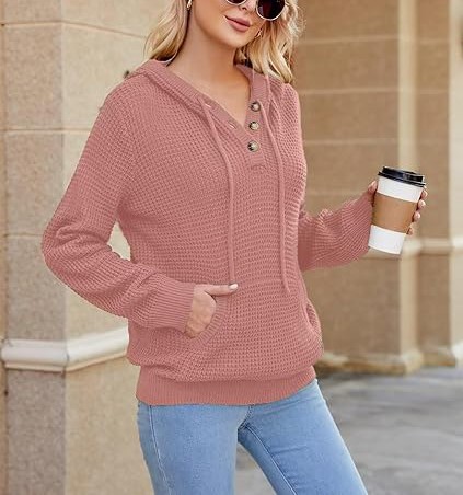 Fall Womens Oversized Hoodies Knit V Neck Sweaters Fashion Casual Pullover Tops
