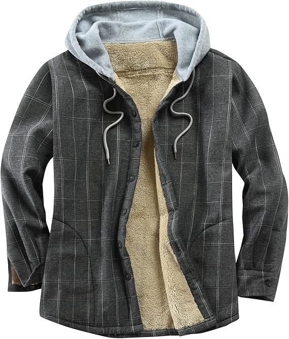 Men's Cotton Plaid Shirts Jacket Fleece Lined Flannel Shirts Sherpa Button Down Jackets with Hood for Men
