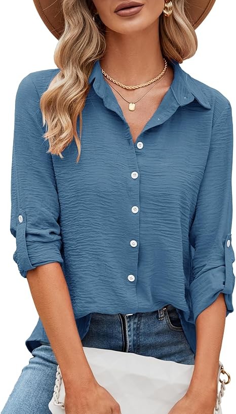 Womens Button Down Shirts V Neck Rolled Up Long Sleeve Tops Elegant Dressy Blouses Business Casual Outfits