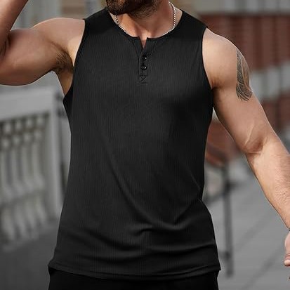 Mens Workout Tank Tops Summer Gym Muscle Ribbed Sleeveless Henley Shirt Casual Knitted Slim Fit Beach