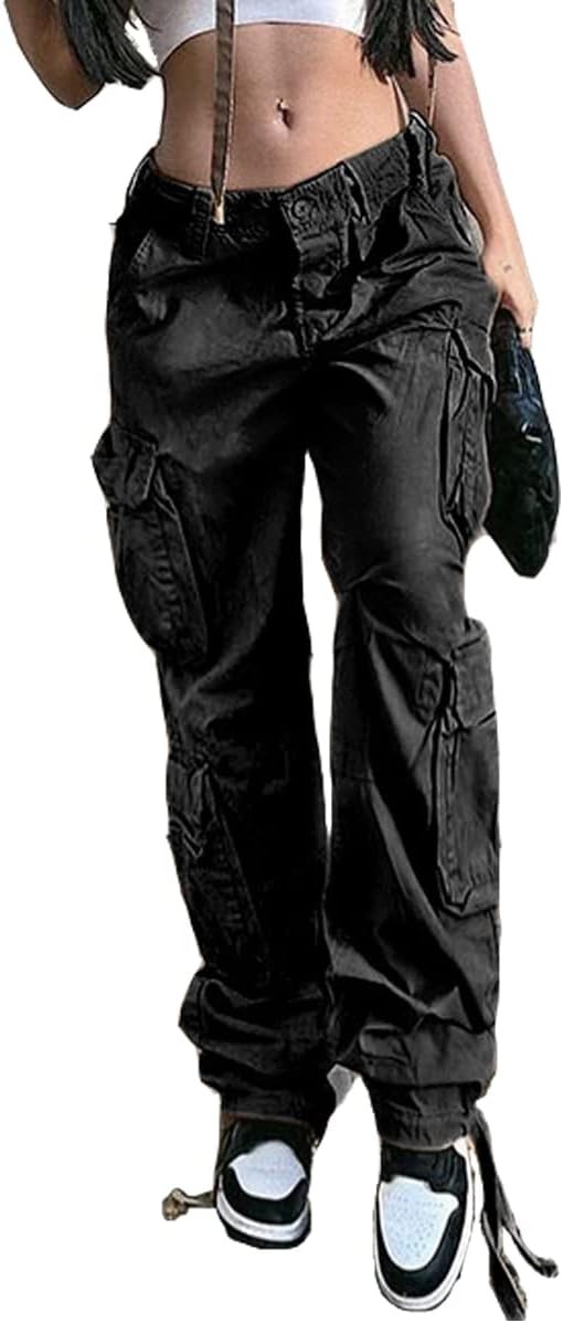Women's High Rise Straight Leg Y2K Streetwear Cargo Pants Baggy Boyfriend Pants with Pocket