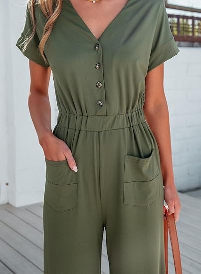 Womens Jumpsuits Dressy Summer Outfits 2025 Casual Short Sleeves Button Down Wide Leg Rompers with Pockets