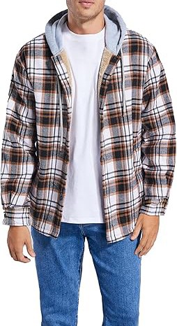 Men's Cotton Plaid Shirts Jacket Fleece Lined Flannel Shirts Sherpa Button Down Jackets with Hood for Men
