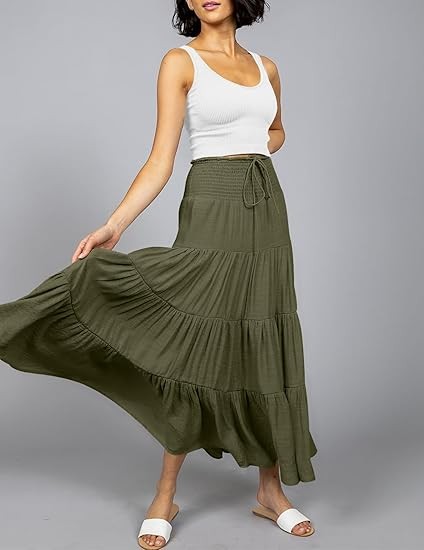 Women's Summer Flowy Boho Maxi Skirt Trendy Drawstring Elastic High Waist Pleated Tiered A Line Beach Long Skirts