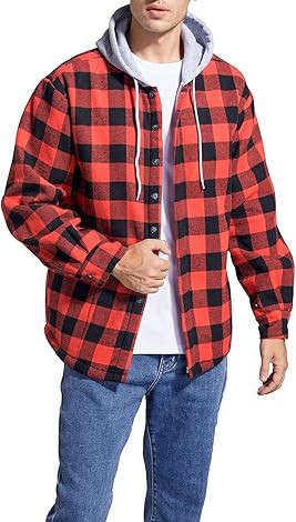 Men's Cotton Plaid Shirts Jacket Fleece Lined Flannel Shirts Sherpa Button Down Jackets with Hood for Men