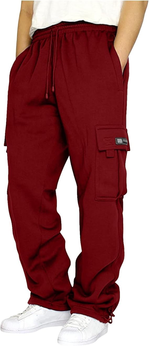 Men's Cargo Sweatpants Casual Fleece Joggers Loose Fit Open Bottom Athletic Pants for Men with Pockets
