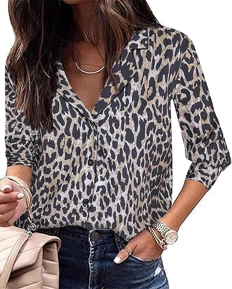 Women Pattern Print Button Down Blouse Top Long Sleeve Work Business Shirt