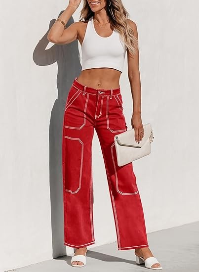 Women's Cargo Jeans Casual Loose Mid Rise Wide Leg Denim Pants