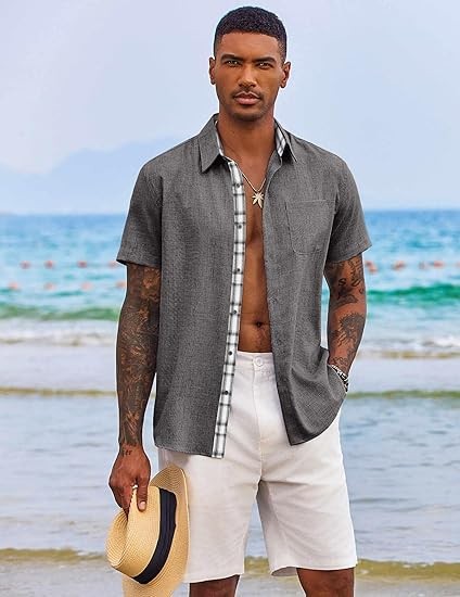 Mens Button Down Short Sleeve Shirts Casual Wrinkle-Free Dress Shirts Summer Beach