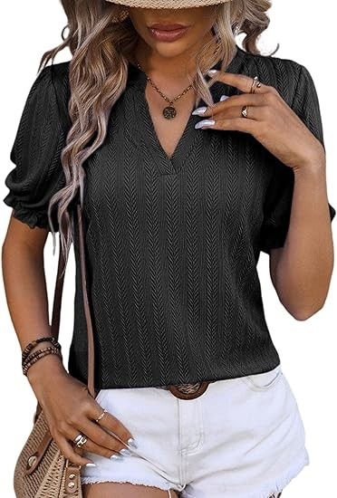 Womens Summer Short Puff Sleeves Blouses Shirts V Neck Cute Solid Knit Textured Casual Regular Fit Tops