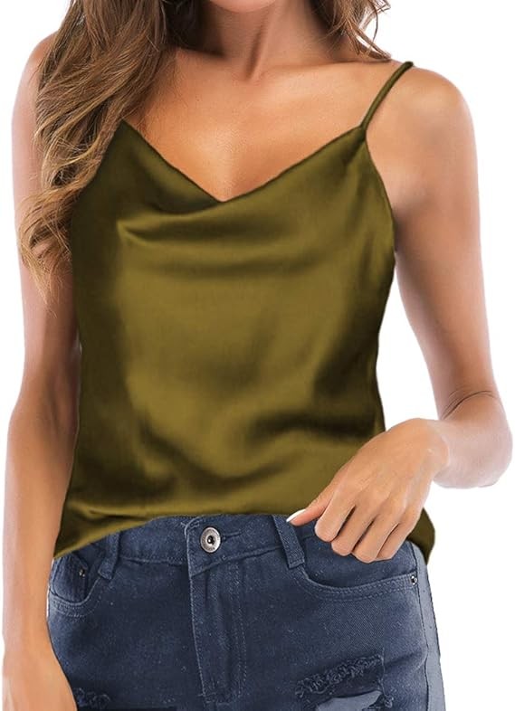 Women's Silk Satin Camisole Cowl Neck Tank Top Cami Silky Basic Tank Shirt Blouses