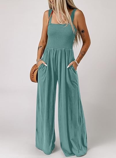 Women's Casual Loose Overalls Jumpsuits One Piece Sleeveless Wide Leg Long Pant Rompers With Pockets