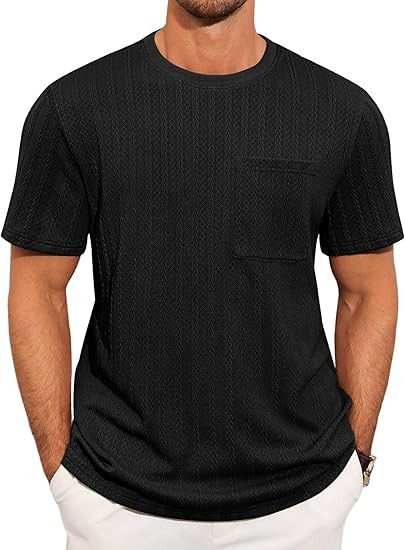 Mens Short Sleeve T-Shirts Casual Knit Texture Crewneck Pocket Tee Tops Loose Fit Summer Shirt