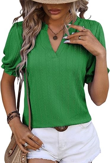 Womens Summer Short Puff Sleeves Blouses Shirts V Neck Cute Solid Knit Textured Casual Regular Fit Tops